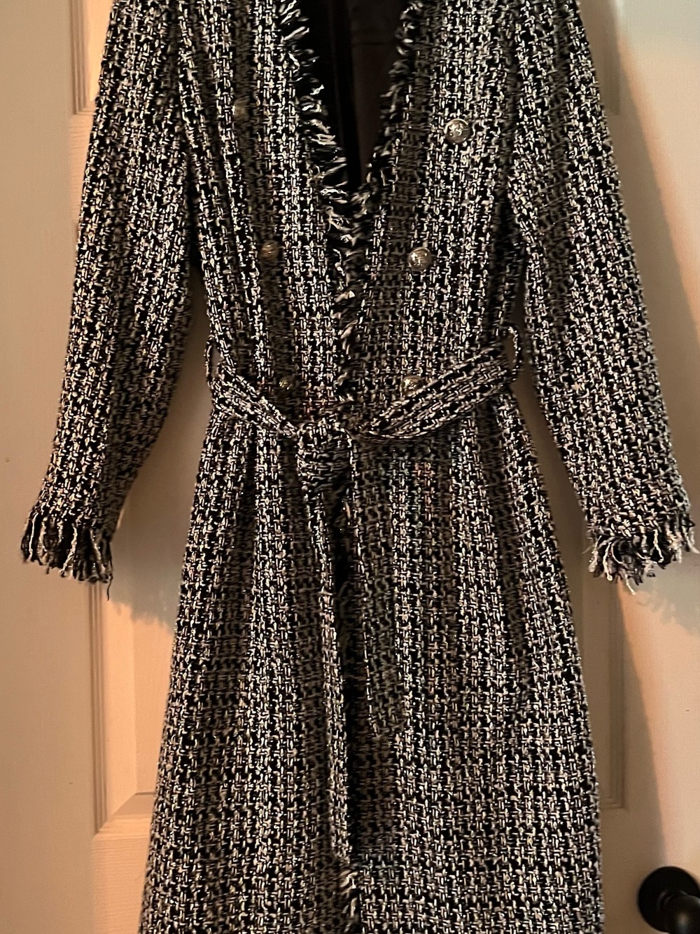 Boston Proper Black and White Tweed Trench Coat with Fringe